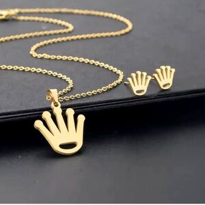 18K Gold Designer Inspired Crown Design Hip Hop Necklace & Stud Earrings Set